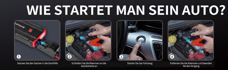 Powerbank для пуску автомобіля BOTEAIFIU Starthilfe 3000A: для бензинових двигунів до 8.0L, 12V, з LED-ліхтариком, для SUV, мотоциклів, ATV та газонокосарок