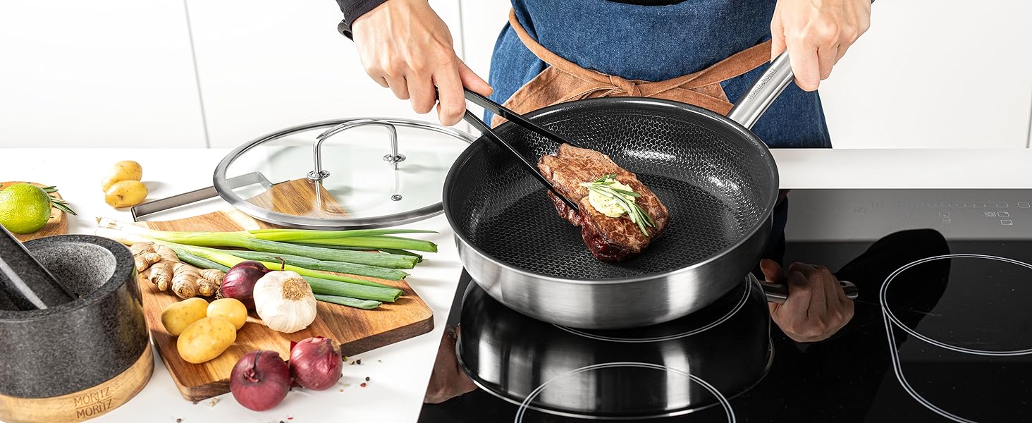 Сковорода Moritz & Moritz антипригарна 28 см індукційна з керамічним покриттям та стільниковою структурою. Сковорода з нержавіючої сталі з високими бортами, підходить для всіх видів плит (з кришкою, Ø 24 см)
