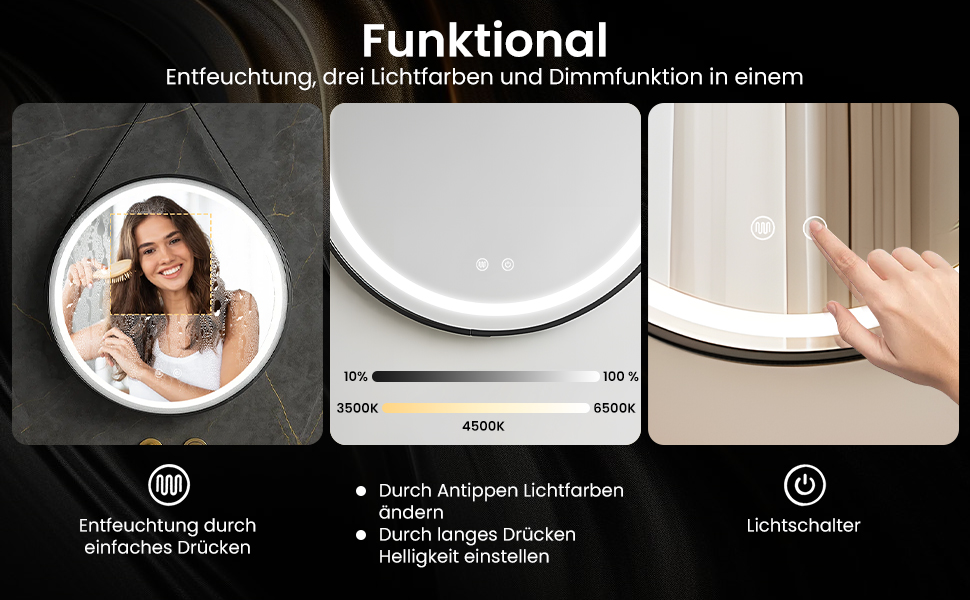 LED дзеркало для ванної кімнати з підсвічуванням, кругле, регульоване, 3 кольори світла (3500K-6500K), сенсорне керування, запобігання запотіванню, для макіяжу та гоління (діаметр 70 см)