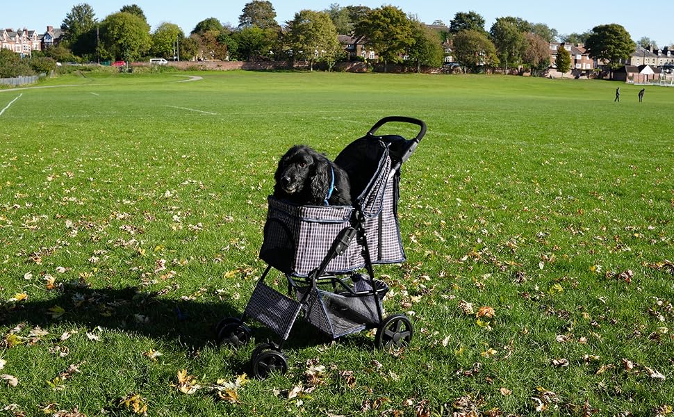 Візок для тварин Monster Shop з сумкою, знімний, складний, до 15 кг, колеса, гальма, сітчасте вікно, кошик, тримач для напоїв, кишені та водовідштовхуючий тент (синій тартан)