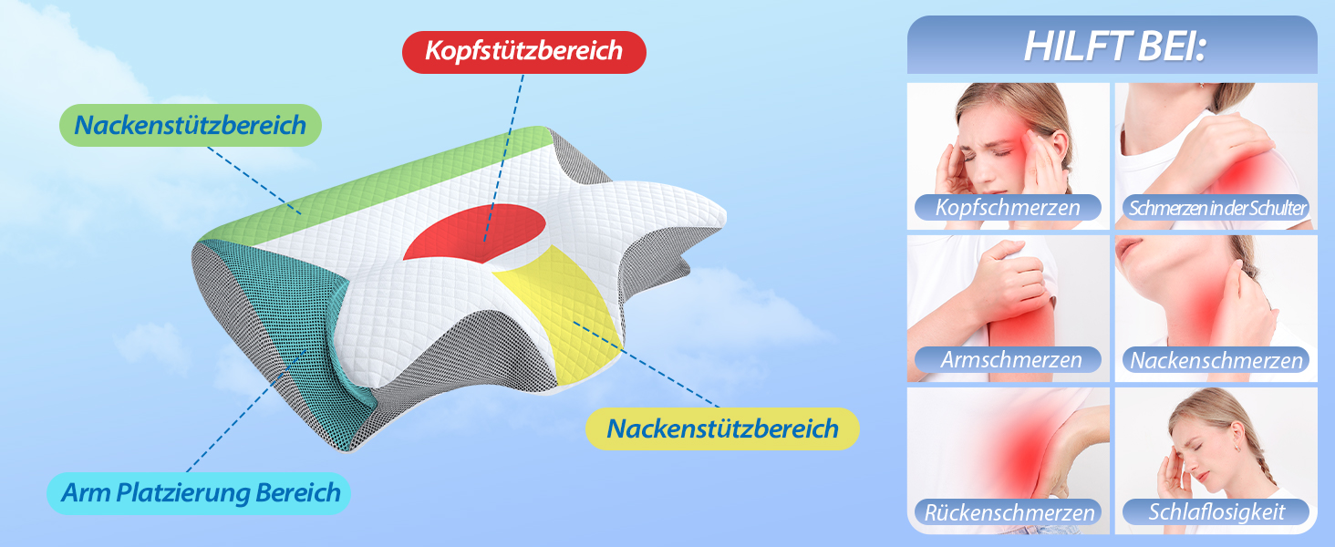 Ортопедична подушка HOMCA 2 в 1 з Memory Foam для сну на спині, боці та животі, 60x40x12/14 см, сіра