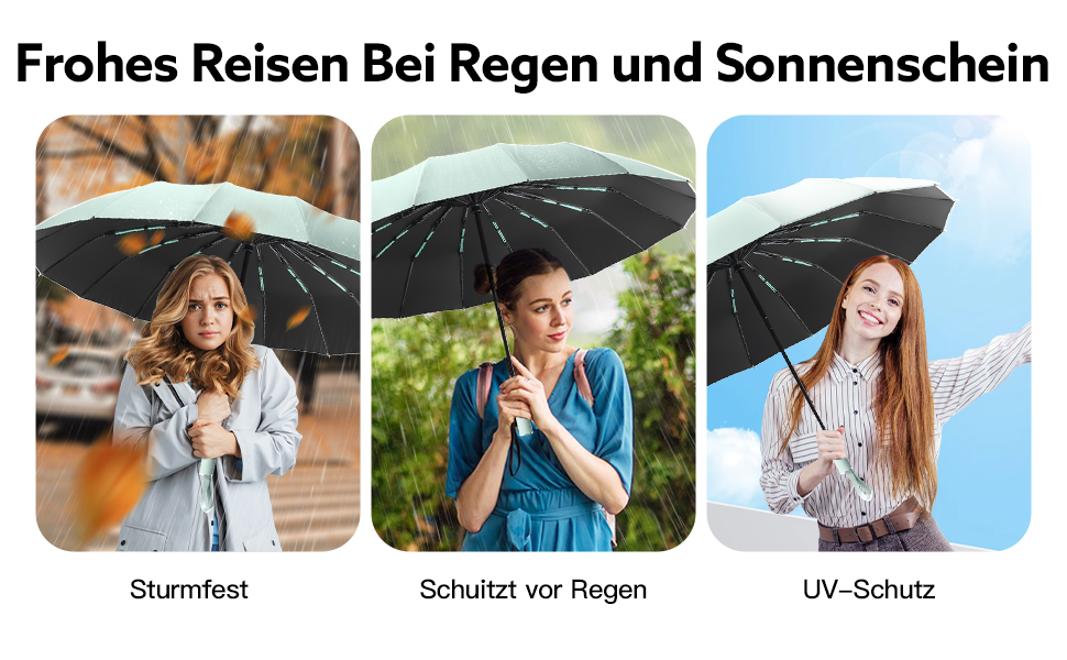 Стійкий до вітру парасолька: компактний складаний парасолька-тростина з 16 ребрами, покриття Teflon 210T, захист від УФ-променів (Aqua)