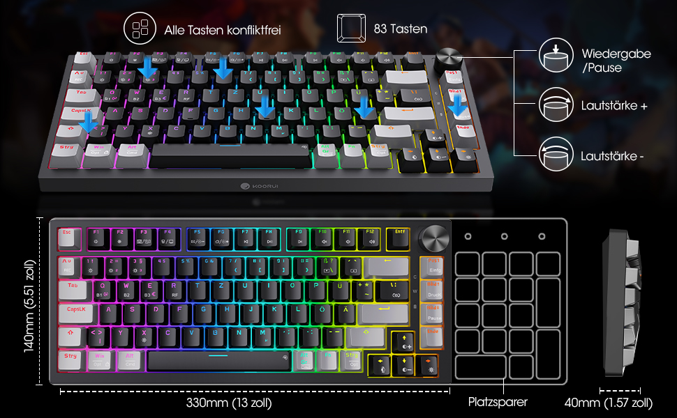 KOORUI Механічна ігрова клавіатура QWERTZ з RGB-підсвічуванням (104/82 клавіші) для Windows/MacOS/Linux