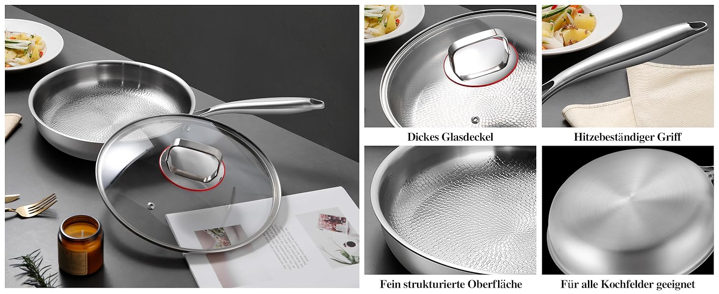 Сковорода з нержавіючої сталі 28 см, антипригарна, з кришкою, 18/10, для індукційних плит, енергоефективна, без PTFE та PFOA