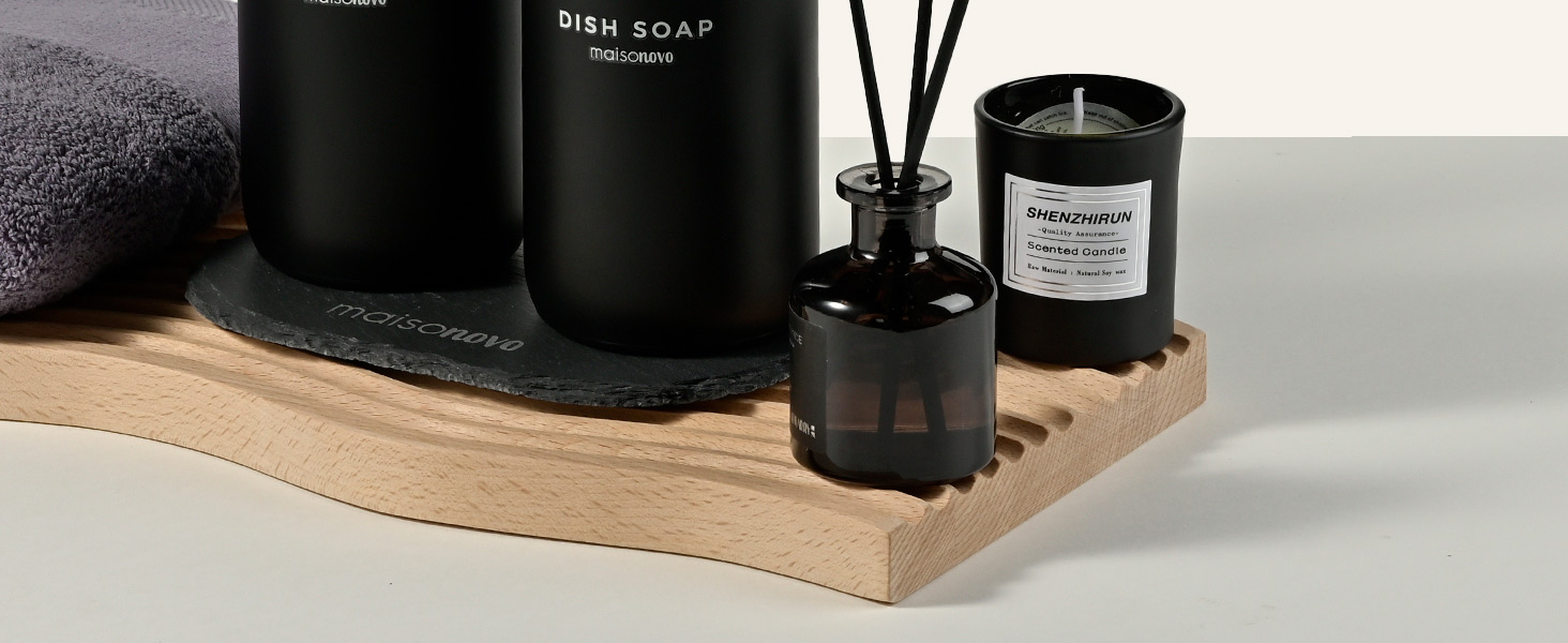 MaisoNovo Soap Dispenser Set - Soap Dispenser Kitchen - 500 ml Amber Bottles, Black Pumps, Glass Pump Dispenser, Soap Dispenser Set, 2-Piece Set and Concrete Tray - Dish Soap Dispenser Kitchen (Black Glass / Black Pump + Slate Tray)