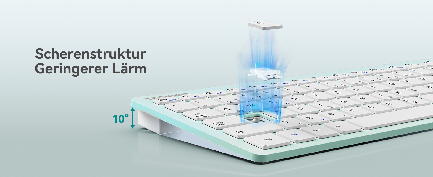 Бездротова клавіатура та миша TECKNET QWERTZ, 2.4 GHz, 15м, тиха, для ПК, ноутбука, Smart TV, білий (зелений)