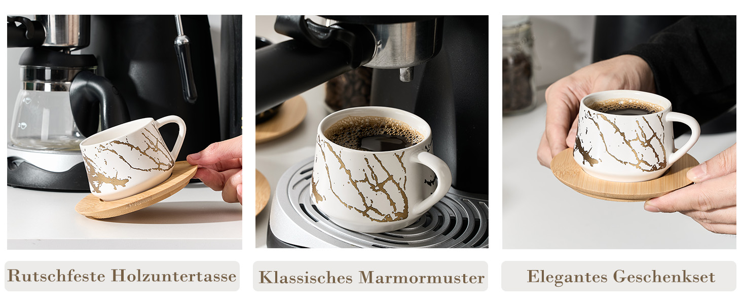 Керамічні чашки для кави та чаю з дерев'яними підставками та металевим стійком (6 шт., 130 мл) - Elegantes Option 2