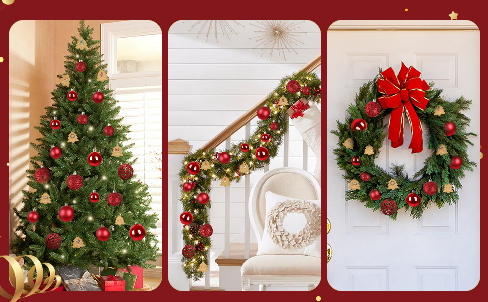 Набір прикрас для ялинки 141 шт. з пластику: матові, глянцеві, з блискітками, з вирізанням. Декоративні кулі для ялинки, червоні. Прикраси для дому та вулиці