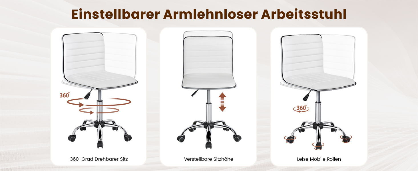 Офісне крісло Yaheetech без підлокітників, регульоване по висоті, на роликах, з штучної шкіри, 360° обертання, біле