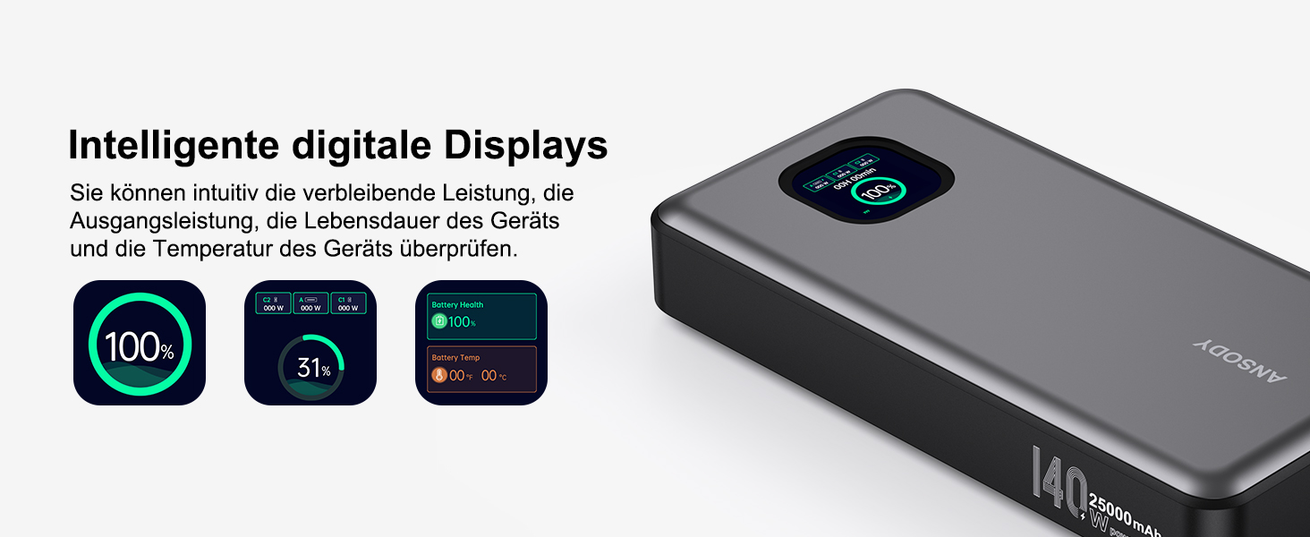 Power Bank 140W, 25000mAh з дисплеєм для ноутбука, MacBook, iPad, iPhone, Switch, Dell XPS (Сірий)