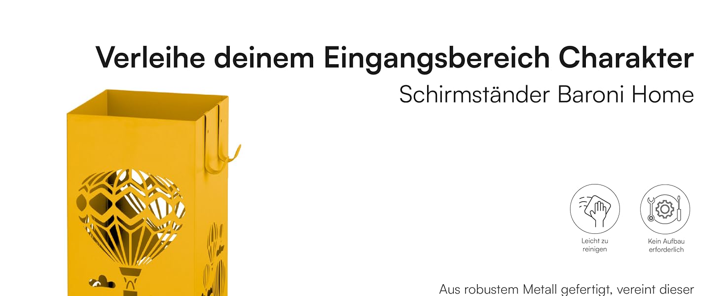 Підставка для парасольок Baroni Home з металу з дизайном «Повітряні кораблі», 2 гачки та знімним піддоном, 16x16x49 см, жовта