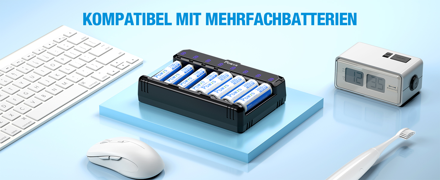 Зарядний пристрій POWXS для акумуляторів AA AAA (NIMH/NICD/Li-ion/Lithium) з LED-дисплеєм та USB-C, 8 слотів, швидка зарядка