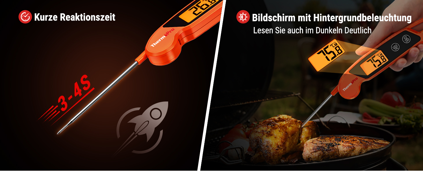 Термометр для м'яса ThermoPro TP03H: точний термометр-шпажка для гриля та приготування їжі, IPX6, великий дисплей, оранжевий