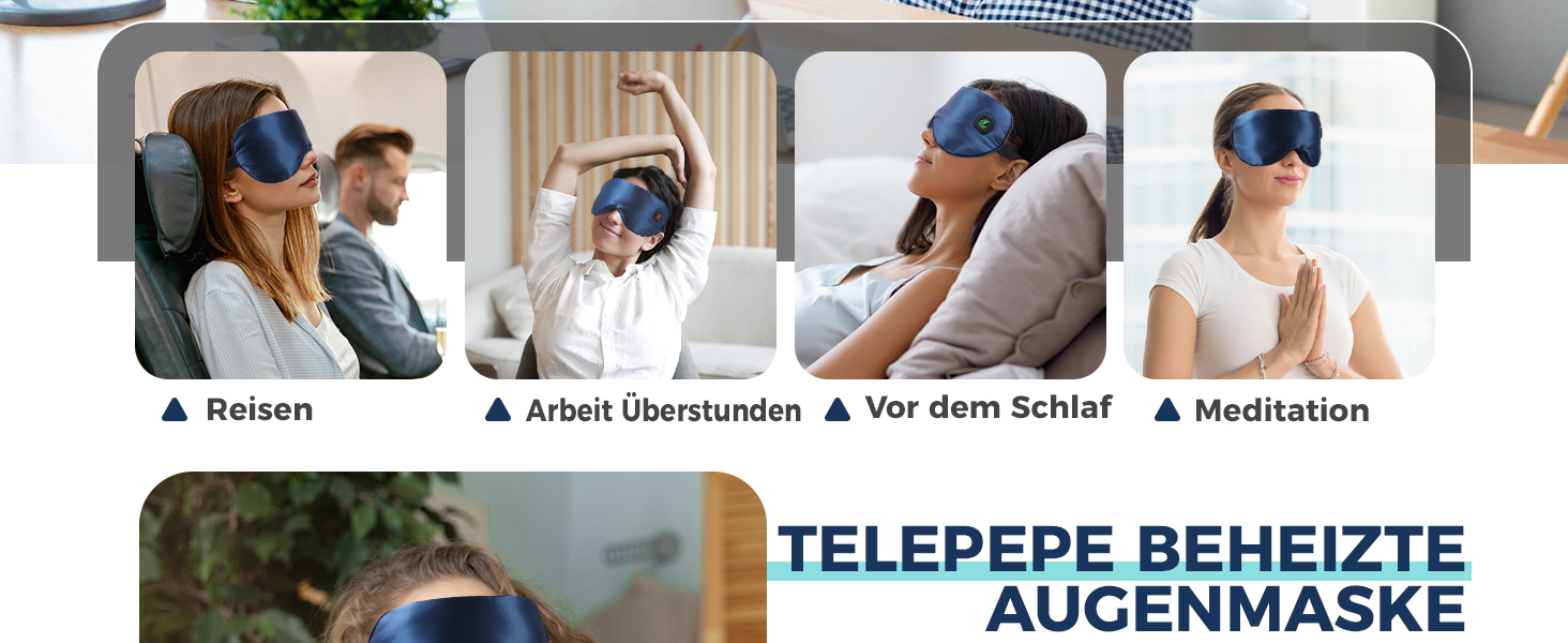 Окуляри-маска для очей Telepepe з підігрівом, 1500mAh, бездротові, 3 режими, велика батарея, знімна наволочка, подарунок для сім'ї та друзів (Сірий, Синій)