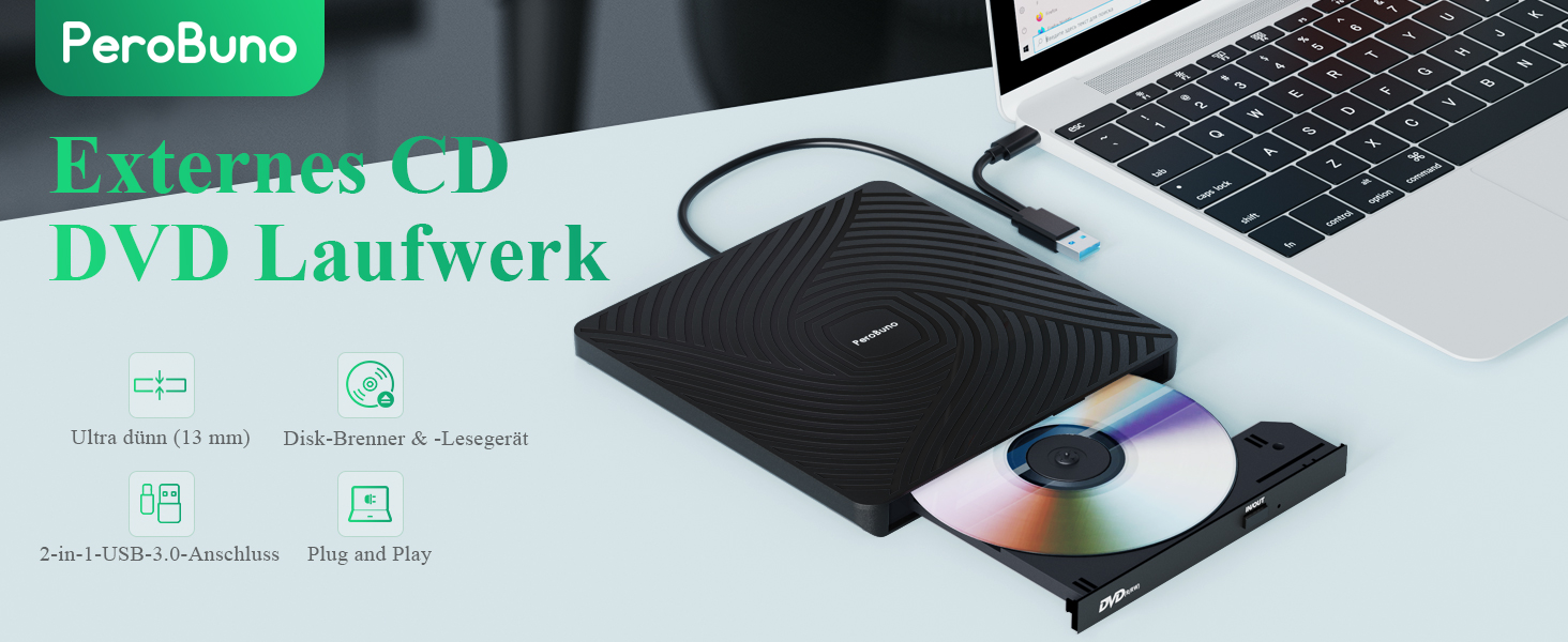 Зовнішній DVD-накопичувач PeroBuno USB 3.0 Type-C, CD ROM +/-RW оптичний привід, ультратонкий DVD-записувач та плеєр для ноутбука, PC, MacBook (Windows, Linux, macOS)