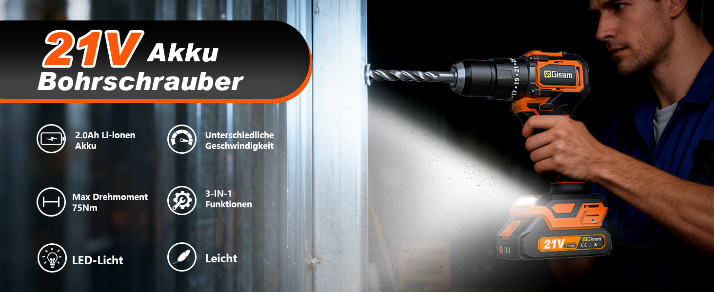 Акумуляторний шурупокрут/дрель 21V з набором 2 акумуляторів, 1200W двигун Brushless, 75Nm, 25+3 рівня крутного моменту, патрон 13мм, 2 швидкості, LED, 29-ти елементний набір для дому, саду та DIY-проектів помаранчевого кольору