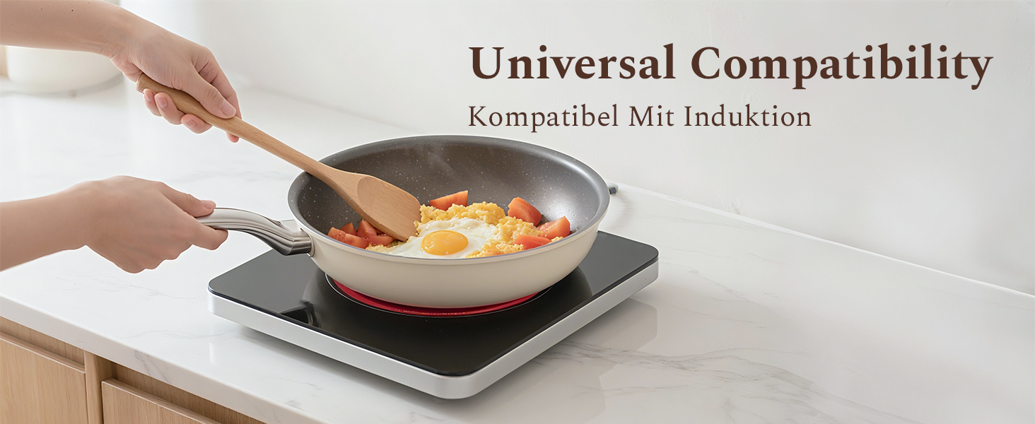 Набір сковорідок Koch Kode: керамічне покриття, 20/24/28 см, з нержавіючою ручкою, для індукційних плит, без PTFE та PFOA, безпечне для здоров'я, бежевий (20 см)