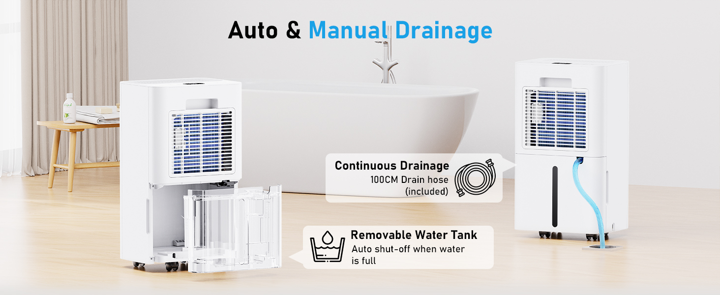 Електричний осушувач повітря 12L/день з таймером 24 год, 3 режими, автоматичне вимкнення, шланг для зливу, для приміщень до 100 м³, білий