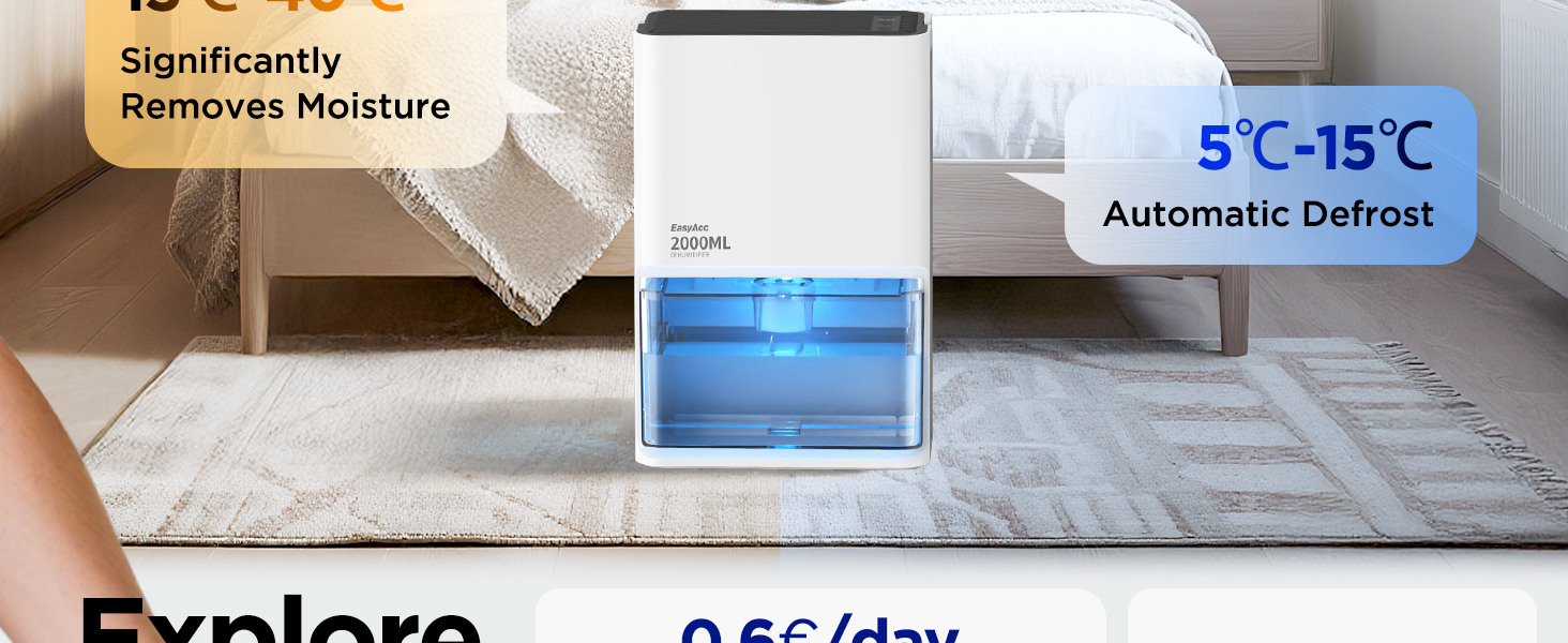 EasyAcc Електричний осушувач повітря 2000мл, продуктивність 500-650мл/день, 3 режими, автоматичне відтанення, LED-підсвітка 7 кольорів, автовимкнення, для приміщень до 20 м²
