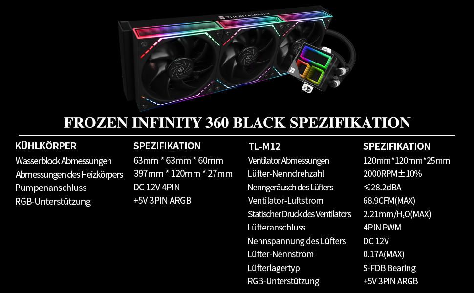 Система водяного охолодження CPU Thermalright Frozen Infinity 360 BLACK з трьома вентиляторами PWM (2000 об/хв) для AM4/AM5/Intel LGA115X/2011/1700/1851