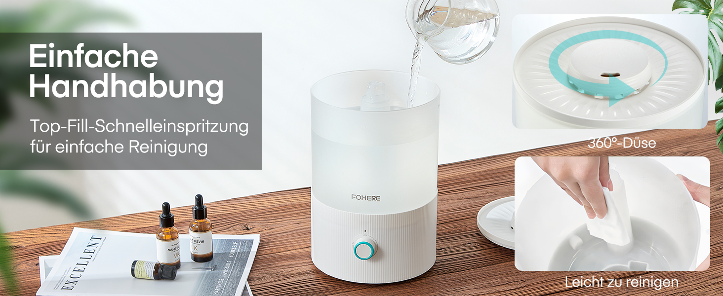 Зволожувач повітря FOHERE для спальні, 3.2л, тихий, для дітей, з верхнім заповненням, 28 годин роботи, 360° охолоджуючий туман, BPA-free, аромадифузор, нічне світло 7 кольорів для рослин, дому, офісу