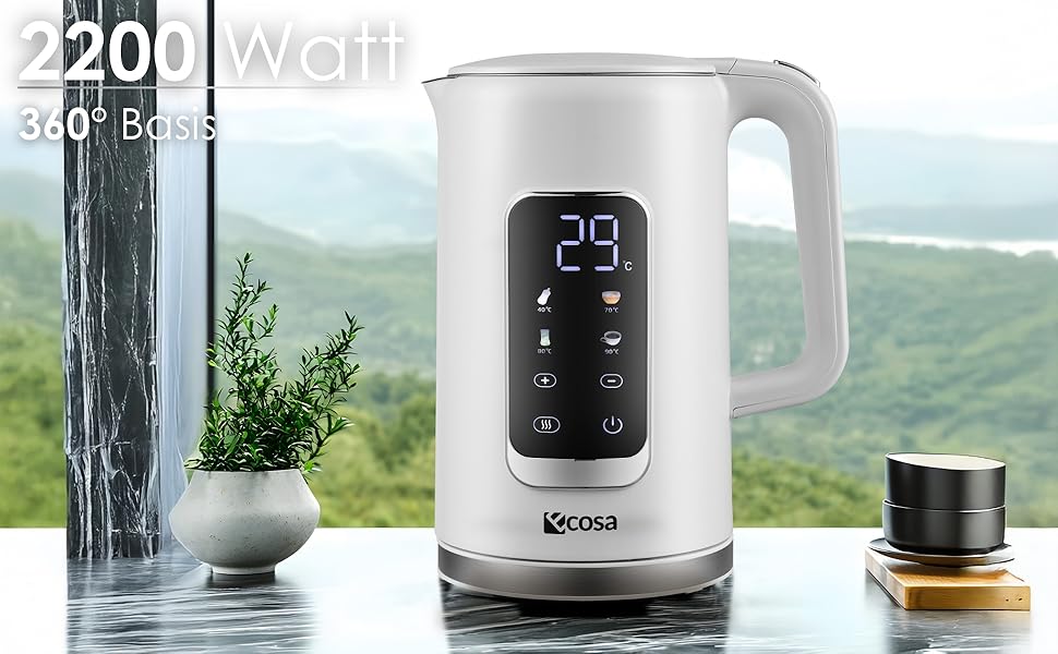 Електричний чайник-заварник зі сталлю, регулювання температури 40-100°C, 1,7 л, 2200 Вт, з підігрівом, LED дисплеєм, без BPA, білий Wanda