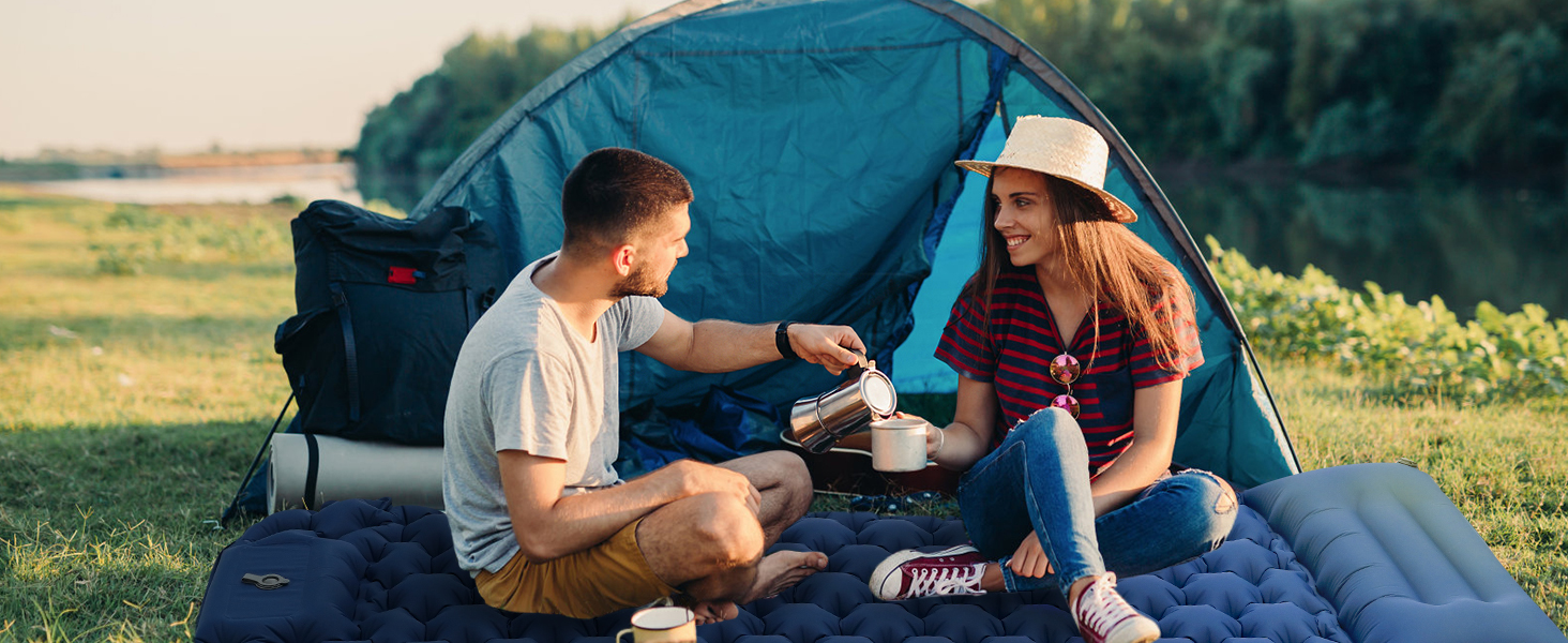 Килимок туристичний самонадувний Ciskotu 8 см з подушкою для кемпінгу, пікніків та подорожей (синьо-сірий)