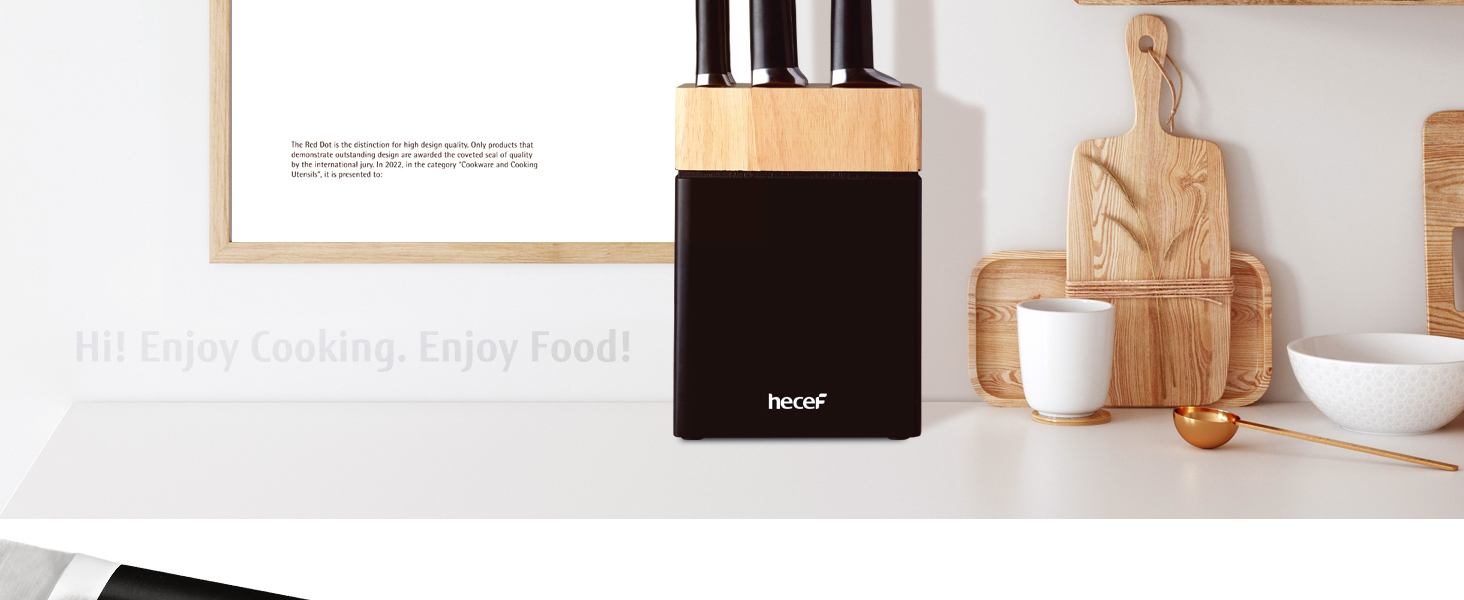 Набір ножів Hecef з підставкою 7 предметів, чорний – кухонні ножі з кованого нержавіючого сталевого леза, повний ергономічний руків'я з подвійним болстером, ергономічний дизайн, нагорода Red Dot Design Award, економія місця, ідеальний подарунок для кухні