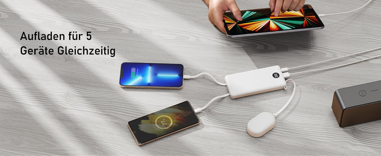 Power Bank 10000mAh з 5 виходами та 2 входами, LED дисплеєм та вбудованими кабелями. Сумісний з iPhone, iPad, Samsung, Xiaomi, Google Pixel.