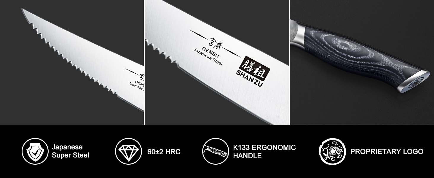 Набір ножів SHAN ZU 16 предметів з блоком: Японський набір кухонних ножів з нержавіючої сталі, серія Genbu, ергономічні ручки, чорний черепаховий колір, включає набір стейк-ножів