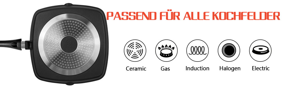 Сковорода гриль 28x28 см з алюмінію з індукційним дном, антипригарна PFOA-free, легка в очищенні