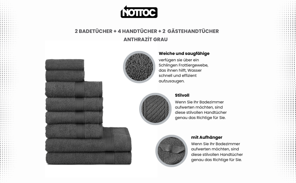 Набір рушників nottoc (8 шт.) сірий: 2 великі (70x140 см), 4 середні (50x90 см), 2 маленькі (30x50 см) - 100% бавовна, м'які, швидковисихаючі, з петелькою для підвішування