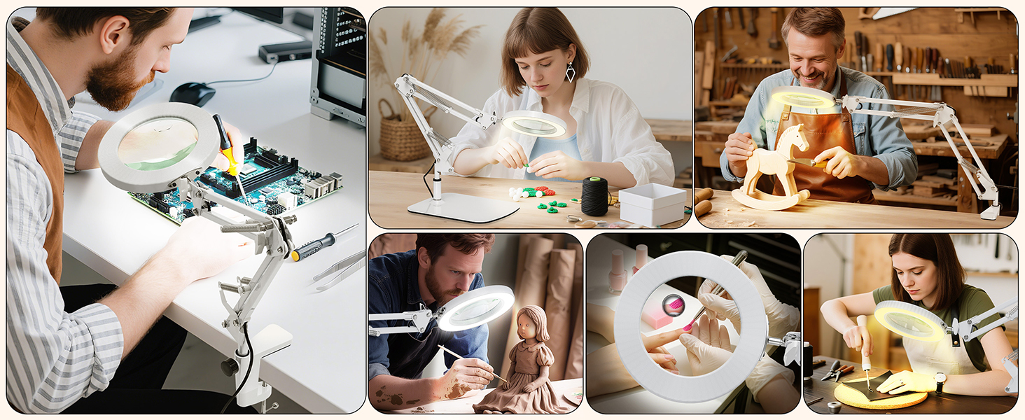 Лампа-лупа Jubor 2-в-1 зі світлом та підставкою, 15x/10x, LED, з кріпленням та основою, 3 режими, регульована яскравість, для хобі, ремонту, майстрів