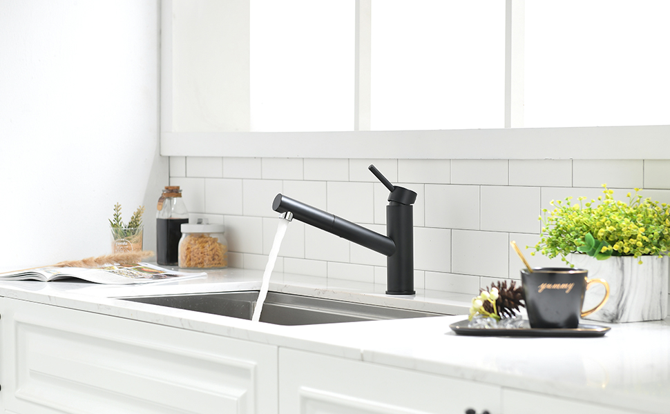 Кухонний змішувач AIMADI висувний чорний з 3-х режимним душем, 38 см шланг, однорідний змішувач для холодної та гарячої води, підходить для раковини та кухонного острова, водоспад, чорний колір