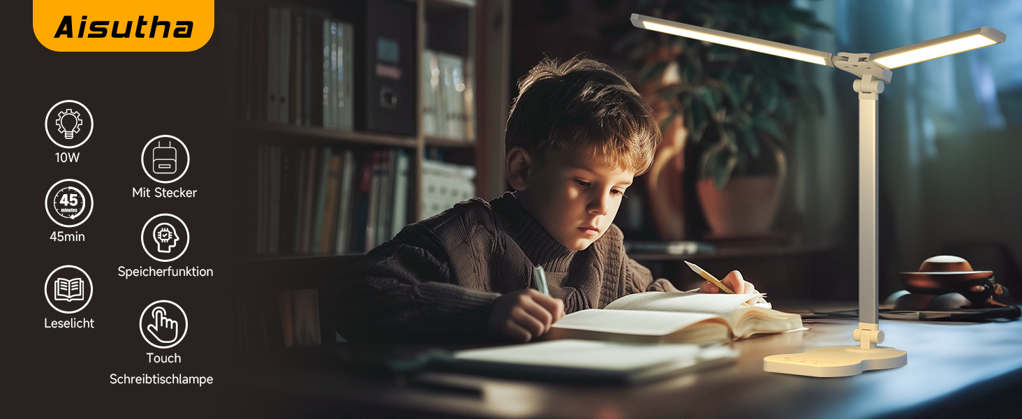 LED лампа настільна з двома руками, 5 кольорів та 10 рівнів яскравості, таймер вимкнення на 45 хвилин, сенсорне керування, для навчання (біла)