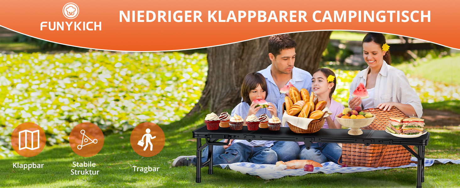 Складний кемпінговий стіл FUNYKICH 116x40x26 см, алюмінієвий, з MDF стільницею, чорний - для пікніка, пляжу, балкону