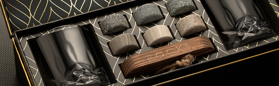 Набір для віскі Rocks: 6 гранітних каменів, 2 склянки, дерев'яний піднос, подарункова коробка з фольгою