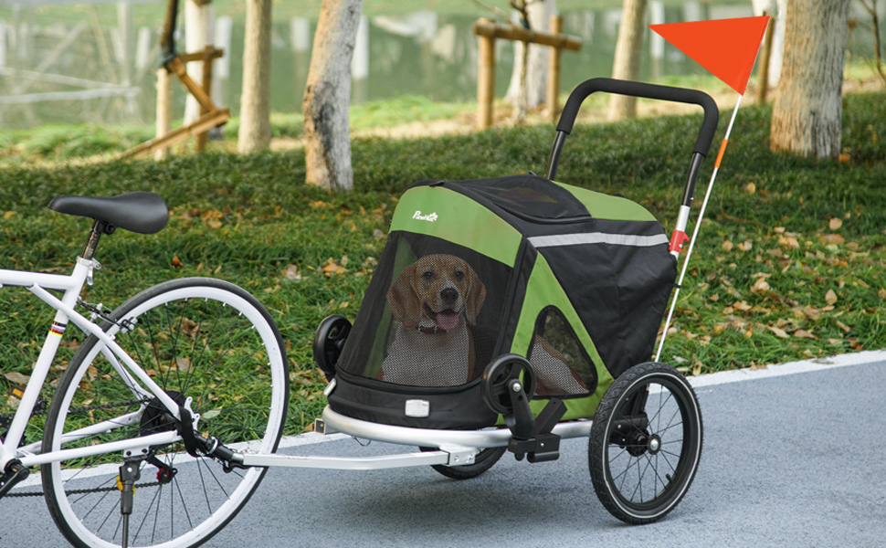 PawHut 2-в-1 Причіп для собак, візок для собак/бігунів з поводком, візок для собак з відбивачами та амортизаторами, для середніх собак до 20 кг, Oxford-тканина, зелений