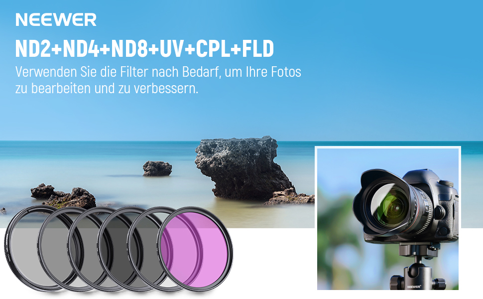 Набір фільтрів для об'єктива NEEWER 52mm: UV, CPL, FLD, ND2, ND4, ND8, бленда та кришка об'єктива. Сумісний з камерами Canon, Nikon, Sony, Panasonic DSLR з об'єктивом 52mm
