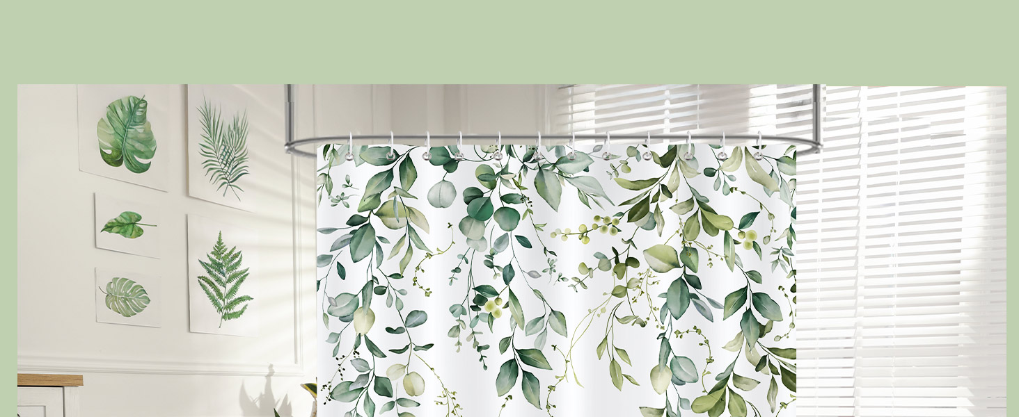 Шторка для душу Bonhause з зеленими листями, рослинний принт, 180 x 180 см, антигрибкова, водовідштовхувальна, поліестер, для ванної кімнати, з 12 гачками