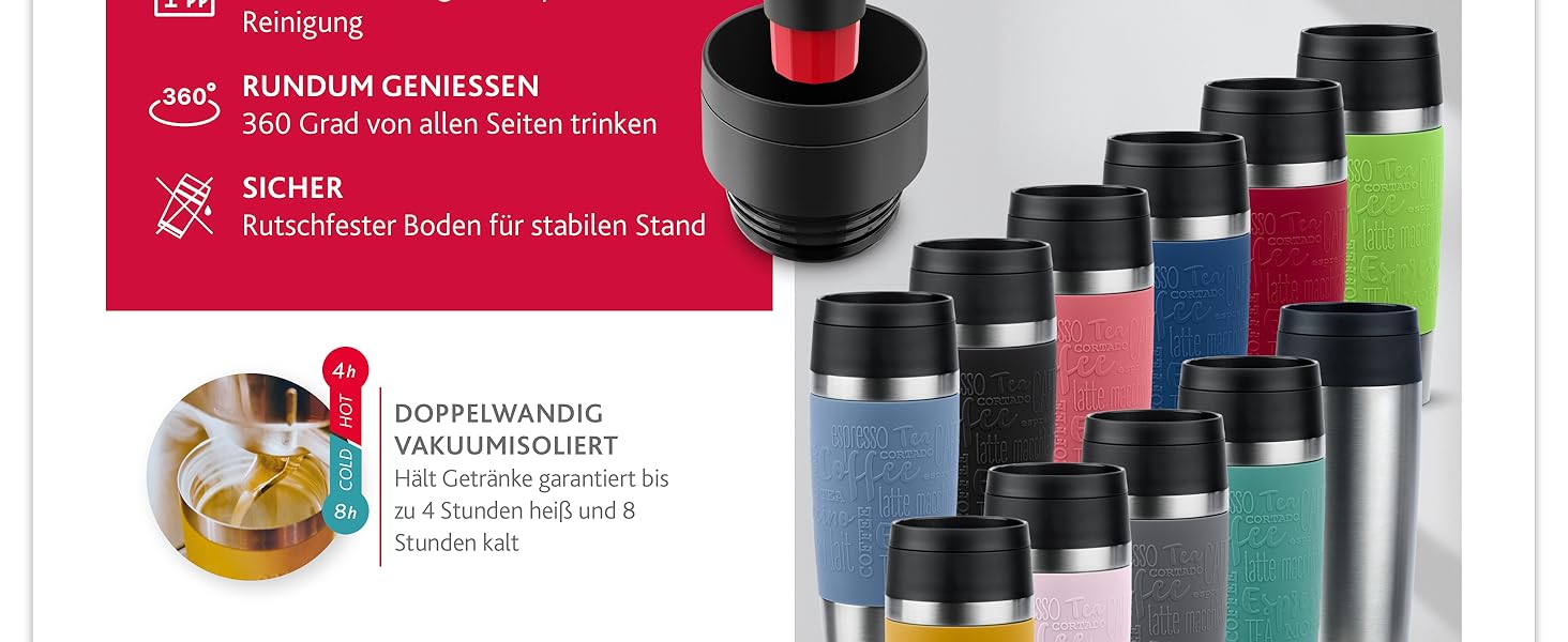 Термокружка Emsa N20202 Travel Mug Classic, 0.36 л, нержавіюча сталь, чорна | Зручний гвинтовий закриття, 4 год гаряче та 8 год холодне, 100% герметична, для миття в посудомийній машині, 360° отвір для пиття