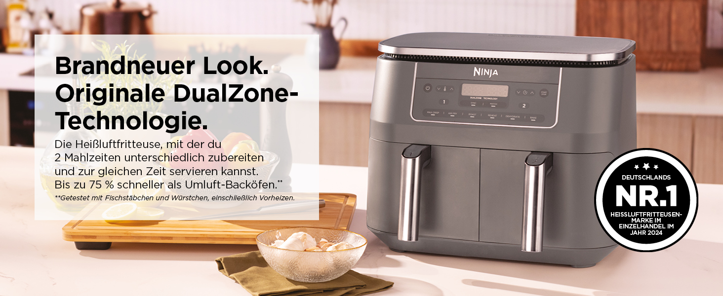 Фритюрниця Ninja Dual Zone Digital Air Fryer DZ400EU, 9.5L, 6-в-1, 2 відсіки, металевий сірий, для смаження, запікання, підігріву