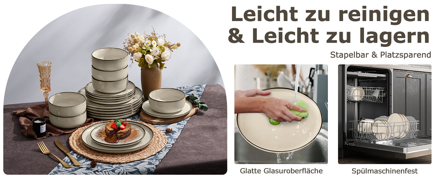 Набір посуду Onader для 6 осіб (18 предметів), керамічний сервіз, 6 тарілок для їжі, десертних тарілок, мисок для каші, стійкий до миття в посудомийній машині та подряпин (Karst Khaki)