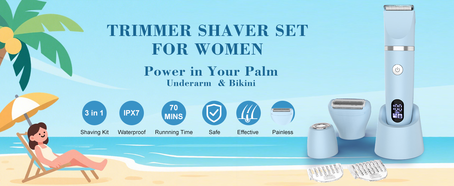 Електричний жіночий триммер 3-в-1 для обличчя, тіла та зони бікіні. Вологостійкий, з LCD-дисплеєм (Блакитний)