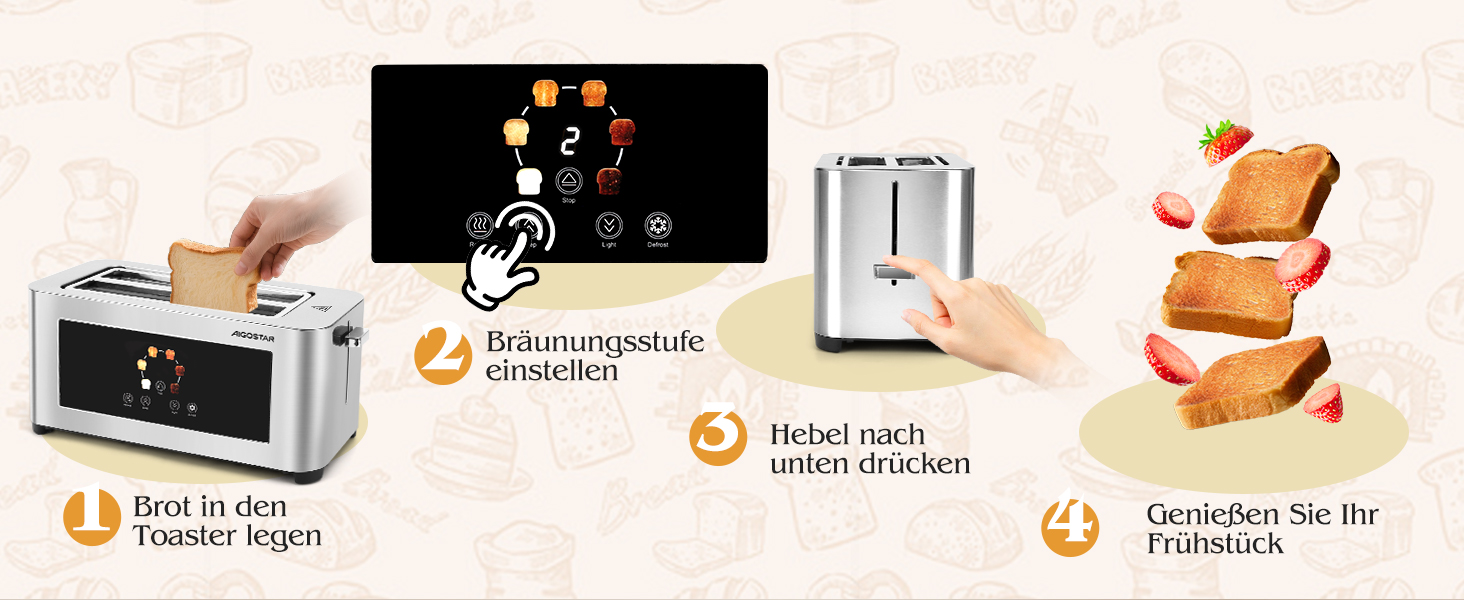 Тостер Aigostar 4-х секційний з LED-сенсорним екраном, нержавіюча сталь, 1400W