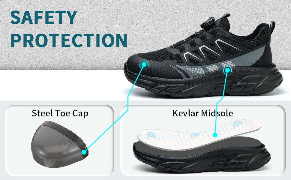 Черевики безпеки для роботи: чоловічі та жіночі, зручні, з металевим носком, легкі, дихаючі, для промисловості, з поворотними пряжками та шнурівками, 42 EU, чорні