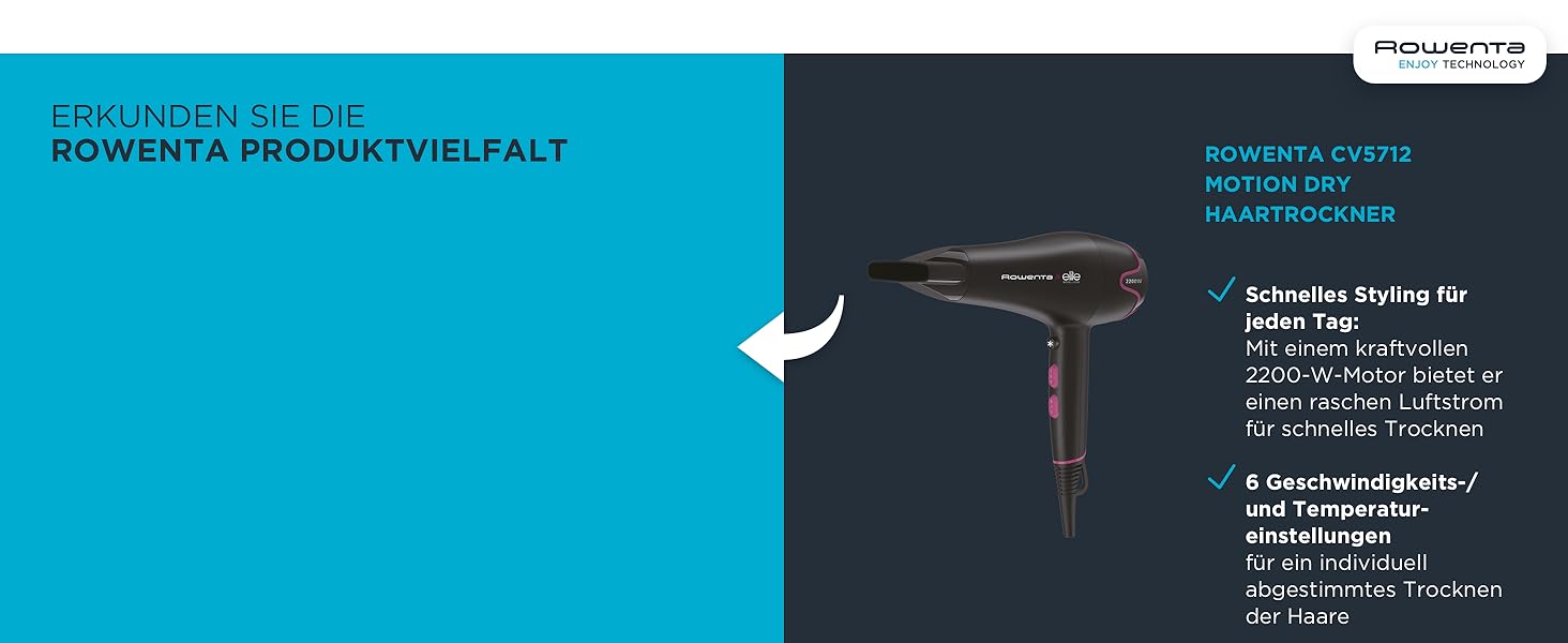 Фен Rowenta CV6030 Haartrockner Eco Intelligence Instant Dry з технологією Air Booster | 1500 Вт, 3 температури, 2 швидкості, холодне повітря, чорний