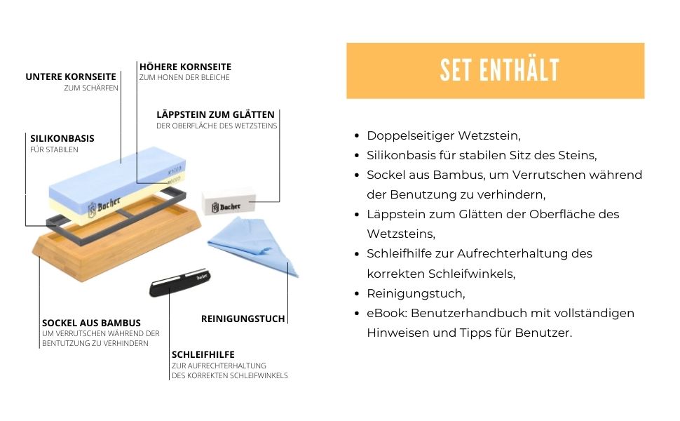 Преміум точильний камінь Bacher Schleifstein, двосторонній, зернистість 400/1000. Точило для ножів з бамбуковою підставкою, точильний камінь, допомога у заточуванні та детальна інструкція.