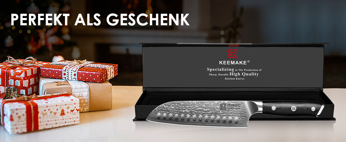 Ніж Santoku Keemake Damastmesser 17.8 см, професійний кухонний ніж з дамаської сталі (67 шарів) для м'яса та риби, ніж для шеф-кухаря 18 см