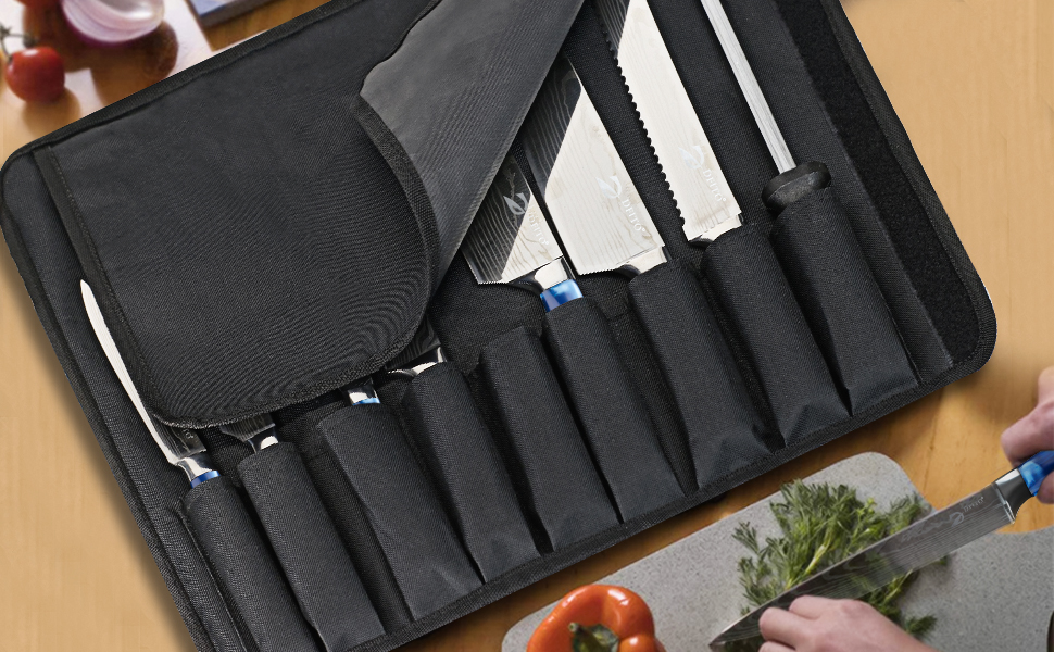 Набір кухонних ножів Dfito, 8 предметів, професійний, з роллю, з високоякісної нержавіючої сталі, синій руків'я